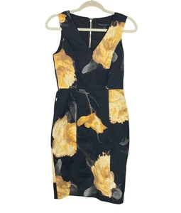 White House Black Market 2 Yellow Gray Floral V-Neck Cotton Twill Sheath Dress - Picture 1 of 4