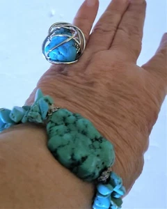 Vintage Framed Blue Turquoise Stone Sterling Silver Statement Ring and bracelet. - Picture 1 of 8