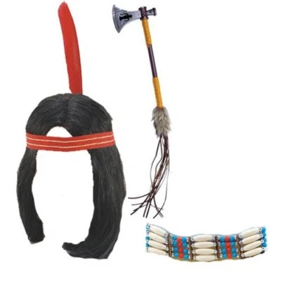 WHATCHUSEEK Mens Native American Warrior Red Indian Wig, Tomahawk & Choker Necklace 3PC Kit