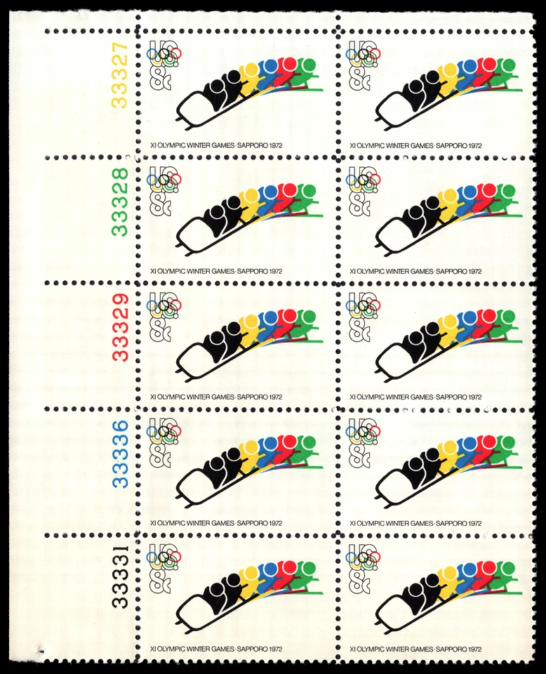 Estados Unidos Scott # 1461, bobsledding, Juegos Olímpicos, bloque de placas de (10) estampillas de 1972 6¢, MNH Foto 1 de 1