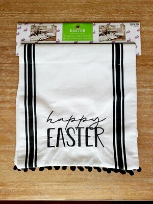NEW Reversible Table Runner Pom Black White Stripe Happy Easter 13x54 - Image 1 of 3