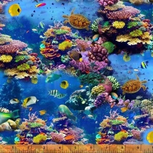 Music Fabric - One of a Kind Digital Fish Coral Turtle Ocean Blue - Windham YARD - Picture 1 of 1