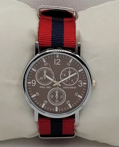 Mens Round Sport Silver Case Brown Dial Red Blue Nylon Strap Analog Watch K1 - Picture 1 of 8