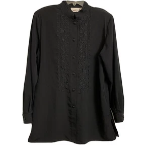 Worthington Black Button Up Blouse Embroidery Women’s Top Sz 10 - Picture 1 of 8