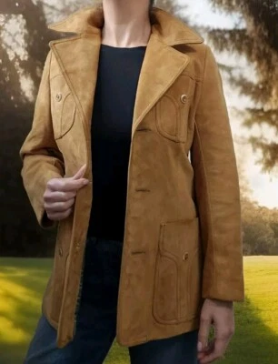 Chaqueta Blazer De Colección Años 70 Kirk Gamuza Beige Vida Cuello Punta Camel! Talla 10 Foto 1 de 4