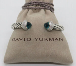 David Yurman Silver 7mm Candy Cable Bracelet Hampton Blue Topaz with Diamonds M