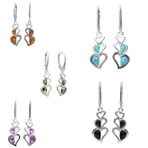 Heart Shape Gemstone Earrings Sterling Silver 925 Amber Turquoise Onyx Amethyst - Picture 1 of 11