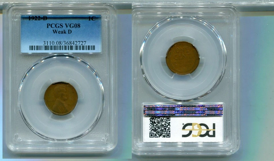 1922 D WEAK D LINCOLN HEAD PENNY PCGS VG8 9098M - Image 1 of 1