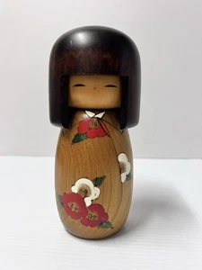 Kokeshi Doll Carved Hand Painted Floral Design Wood Signed Okamoto Usaburo - Picture 1 of 10