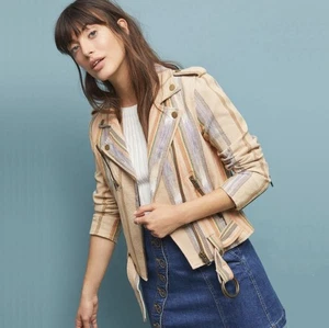 Frye Carly Stripe Print Burlap Ikat Jacket Moto Boho Brass Ring Edgy Cool Biker - Picture 1 of 11