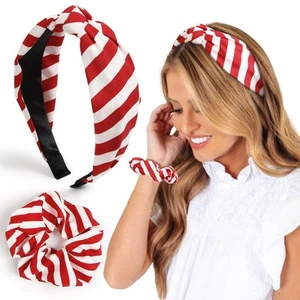 Christmas Headbands Women Girls Hair Scrunchies Set 2 PCS Red Striped - Picture 1 of 6