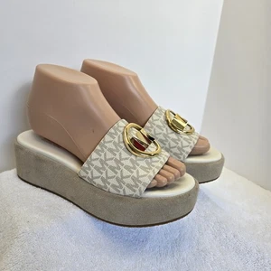 Michael Kors Sadler Vanilla Logo Jacquard Wedge Sandals Womens Size 5.5 M - Picture 1 of 17