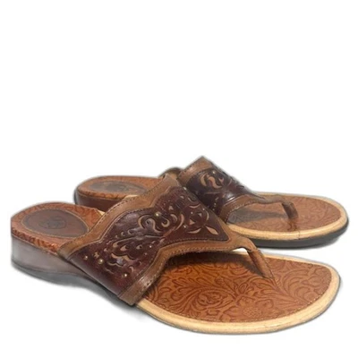Ariat Leather Flip Flop Sandals Tooled size 10 Brown Tan boho western wedge heel - Image 1 of 4