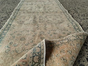 2.3x8.9 ft Vintage Turkish Oushak Runner Rug Wool Faded Beige Blue Carpet - Picture 1 of 13