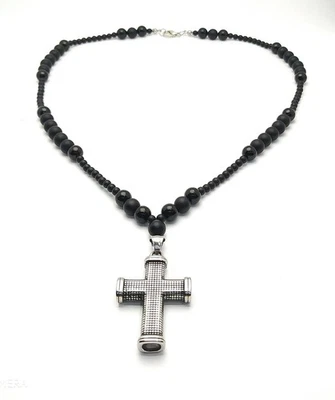 Collana da uomo pietra onice perle 8 mm 4 mm ciondolo croce acciaio inox... - Immagine 1 di 4