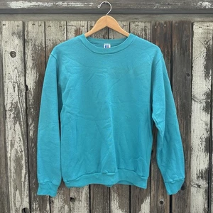 Vintage 80s Russell Athletic Crewneck Sweatshirt In Solid Aqua Blue Made in USA - Picture 1 of 4