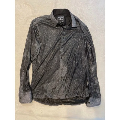 BARABAS Sparkly Button Down Shirt Black Silver Men M Metallic Long Sleeve Collar - Image 1 of 4