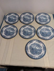 Lot Of 7. Churchill China England. Blue The Brook Cottage Dinner Plate 10" - Picture 1 of 3