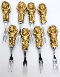 Juego de 8 tenedores aperitivos dorados caballos de obra con querubín para fiesta - DE COLECCIÓN - Imagen 1 de 10