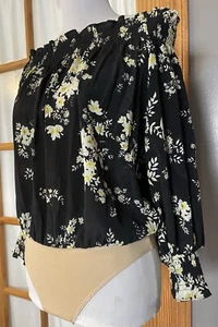 WAYF Smocked Blouse Bodysuit Women’s S 3/4 Sleeves Off The Shoulder Black Floral - Picture 1 of 11