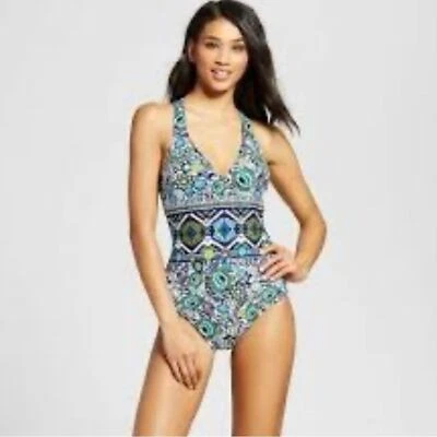 Nuevo con etiquetas Traje de baño Mossimo azul floral abstracto cruzado azul/verde de una pieza L Foto 1 de 4