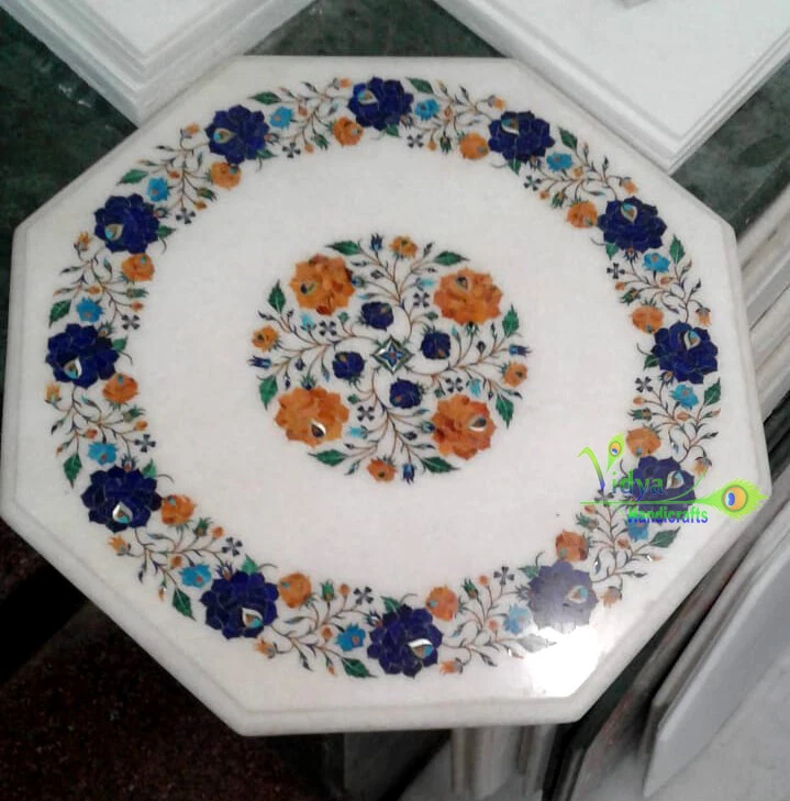 12" Marble Coffee Table Top Lapis Floral inlay Marquetry Art Home Interior Item - Image 1 of 3