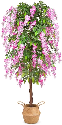 Plantas de árbol artificiales de 6 pies, árbol de glicinia falso con cesta tejida de pastos marinos para entrar Foto 1 de 4