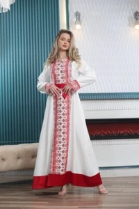 Palästinensische bestickte Thobe Tatreez lange Ärmel mit Satin-Details für Damen - Bild 1 von 14