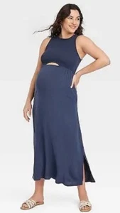 New Isabel Maternity Womens Navy Blue Smocked Cut Out Maxi Maternity Dress Sz XL - Picture 1 of 4