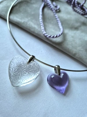 Two Lalique Crystal Rose and Small Purple Hearts Pendants w. Coil and Cord - Image 1 of 4