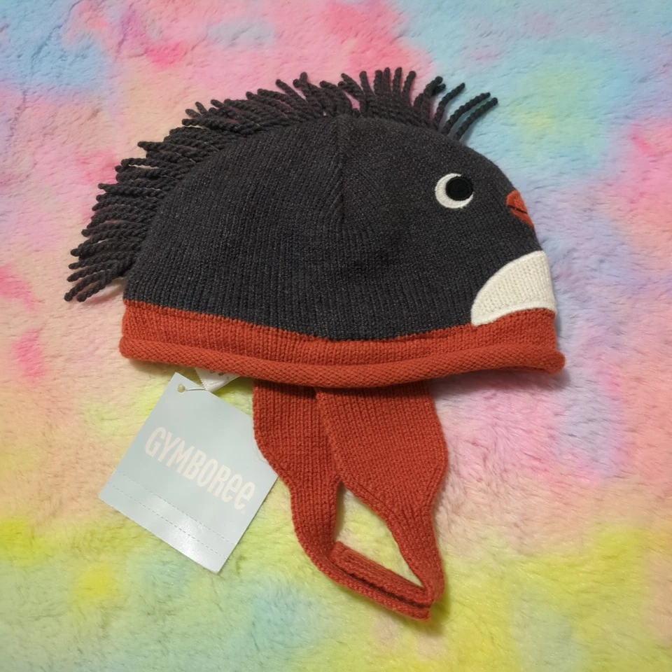 Gorro de invierno Gymboree cara de pingüino niña 0-3 meses tejido gris naranja Foto 1 de 4
