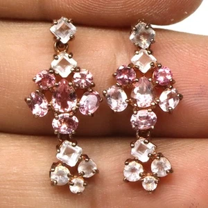 925 Sterling Silver Pink Tourmaline & Topaz Earrings Rose Gold Coated - Picture 1 of 4