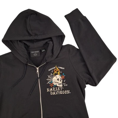 Harley Davidson Pensacola Skull Hoodie Womens Large Black Full Zip Sweatshirt  - Image 1 of 4