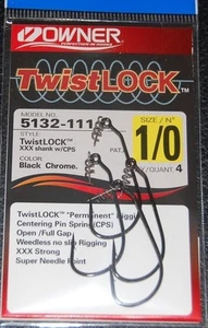 OWNER TWISTLOCK 3X w/ Centering Pin 5132-111 Size 1/0 Pack of 4 Bass Hooks - Picture 1 of 2