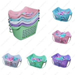 Peg Basket With 48 Plastic Pegs Clothes Laundry Pegs Strong Washing Line Clips - Picture 1 of 15