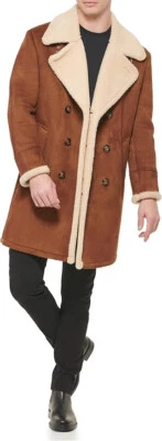 $350 Guess Men's Warm Faux Shearling Coat, Brown, Medium - Image 1 of 4