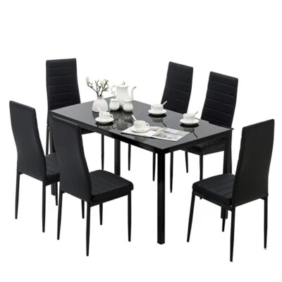 4/6 Seater Toughened Glass Dining Table and Upholstered Chairs Set Home Kitchen - Image 1 of 4
