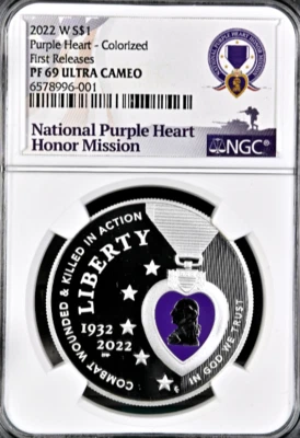 💜2022 W Colorized Purple Heart Silver Dollar NGC PF69 Ultra Cameo First Release - Image 1 of 2