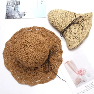Women Bowknot Straw Hat Wide Brim Sun Hats Foldable Summer Breathable Beach Cap - Picture 1 of 13