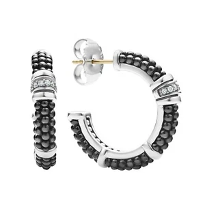 LAGOS Black Caviar Ceramic & Diamond Hoop Earrings Sterling Silver - Picture 1 of 6