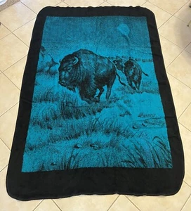 San Marcos Blanket Green Black Buffalo Reversible 62x81 Cottagecore - Picture 1 of 20