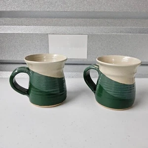 Handmade Pottery Mugs Set of 2 Green Beige Ceramic Coffee Tea Cup Artist Sig - Picture 1 of 9