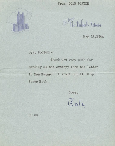 COLE PORTER - TYPED LETTER SIGNED 05/12/1964 Cover