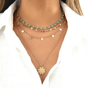 Multi Layered Turquoise Bead Charm Gold Plated Necklace Set_3 pcs (4 Layers) - Picture 1 of 9
