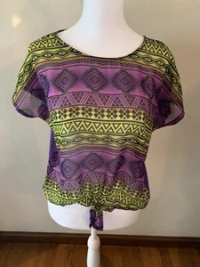 Lei Short Sleeve Tribal Print Shirt Girl’s Sz XL Purple Green Tie Front 90’s Y2K - Picture 1 of 7