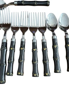 18 Pcs Vtg Mid Century Gibson Faux Bamboo Stainless Flatware Black Gold Regency - Picture 1 of 9