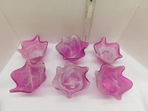 UNIQUE Set of 6 Spanish Glass Bowls Pink with White Swirl - Picture 1 of 5