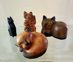 Vintage Wooden Cats Hand Carved Wood Cat Figurines Kitten Kitty Figures Lot of 4