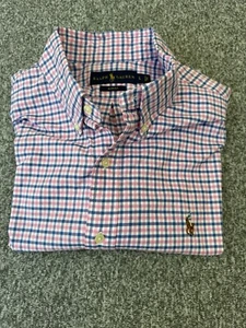 Ralph Lauren Shirt Men's L Pink Plaid Colorful Long Sleeve Slim Fit Brown Pony - Picture 1 of 8
