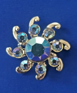 Gold tone floral vintage brooch with Aurora Borealis Rhinestones  - Picture 1 of 10